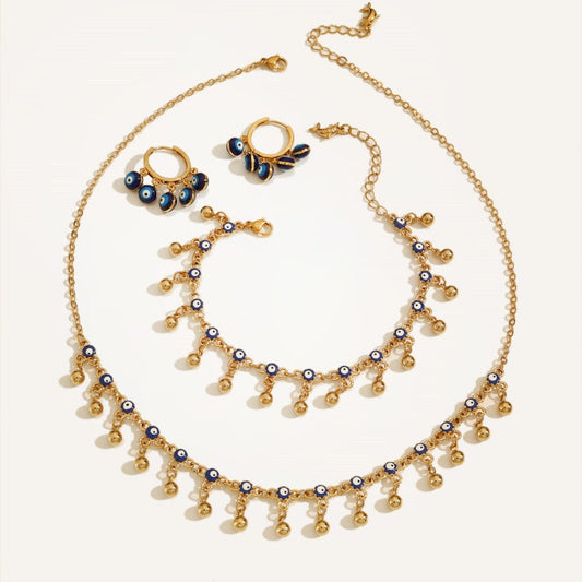 Bohemian Blue Evil Eye Tassel Necklace, Bracelet and Earring Set