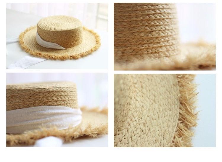 Vintage Raffia Beach Hat with Ribbon & Frayed Brim