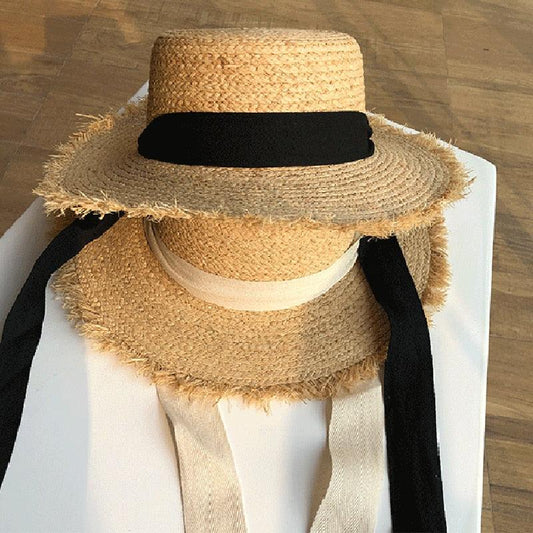 Vintage Raffia Beach Hat with Ribbon & Frayed Brim Stevvex