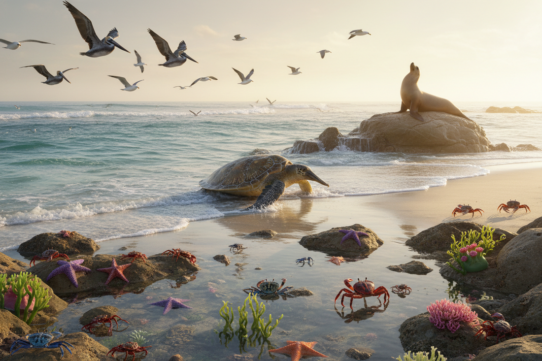Illustrated coastal wildlife scene with seabirds, a sea turtle, a sea lion, crabs, and sea stars along a rocky shore.