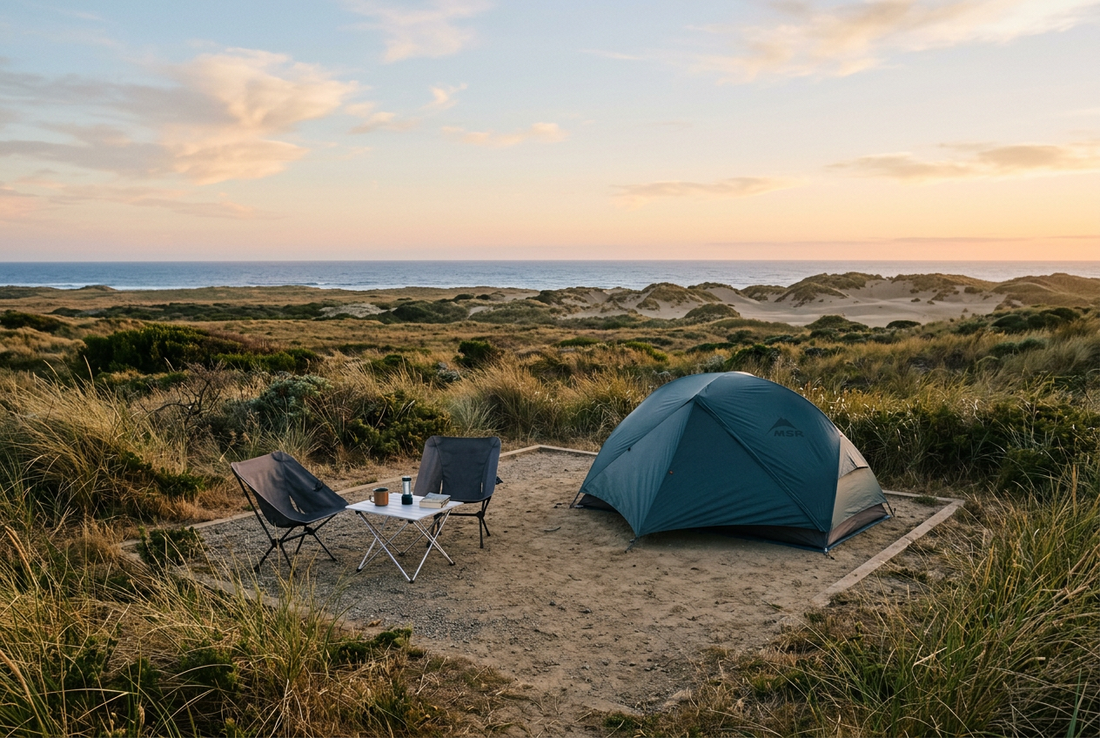 Blue tent, two folding chairs, and a small table on a bordered campsite among coastal grasses, with the ocean in the distance.