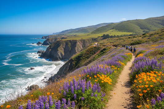 Hikers on a coastal trail bordered by purple and orange wildflowers, with rugged cliffs and blue ocean alongside.