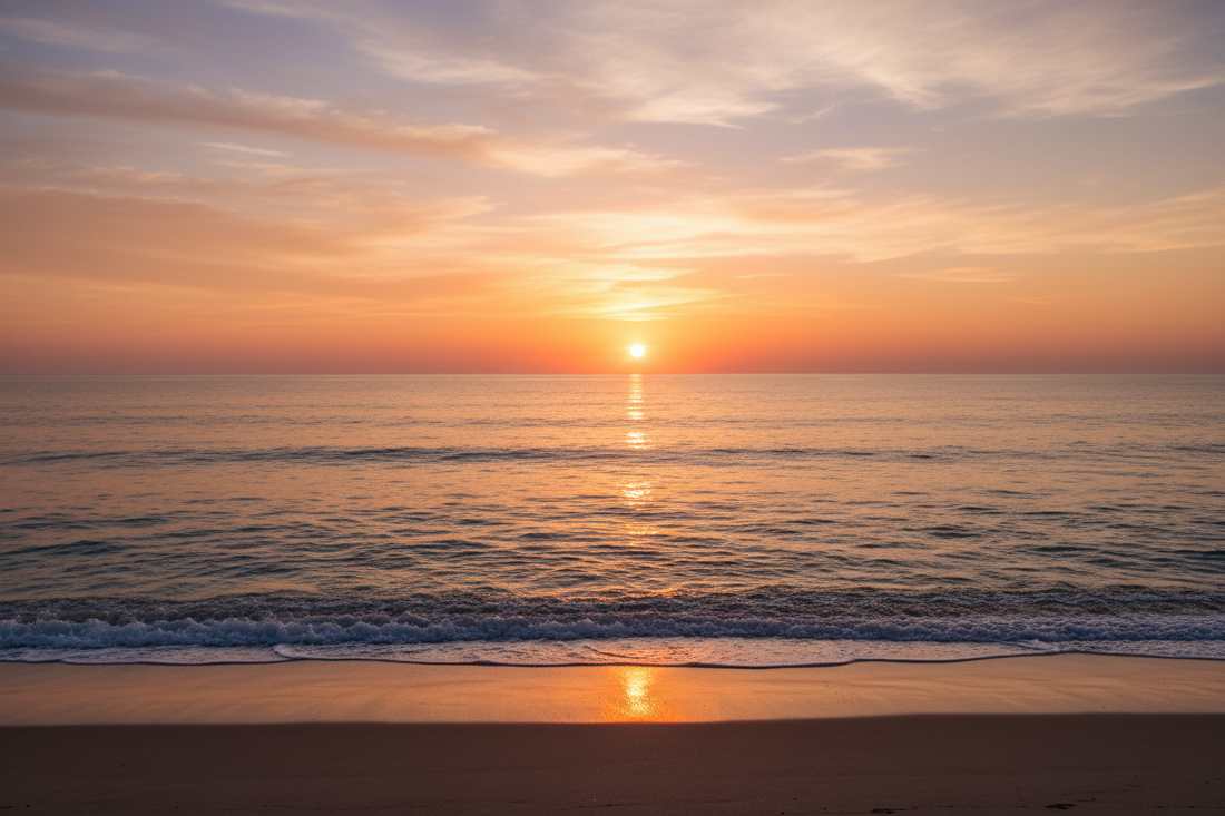 Warm orange light over the ocean horizon, with gentle waves and reflected sunlight on a sandy beach.
