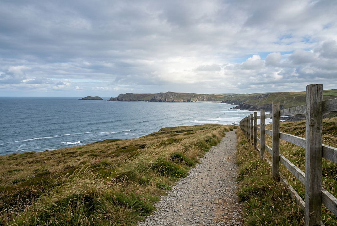 Gravel coastal path beside a wooden fence and windswept grasses, overlooking an ocean bay and headland beneath layered clouds.