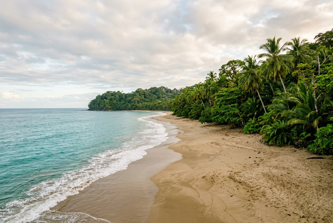 Turquoise waves meet a curved sandy beach bordered by dense tropical rainforest and palms beneath a cloudy sky.
