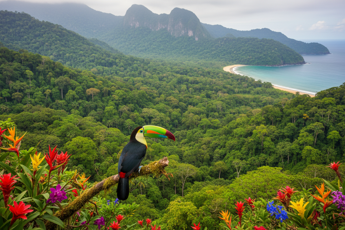 A toucan perched above a lush tropical forest, with flowering plants, mountains and a sandy coastal bay in the background.