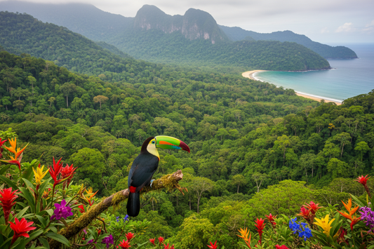 A toucan perched above a lush tropical forest, with flowering plants, mountains and a sandy coastal bay in the background.