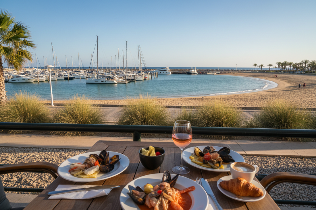 Outdoor café table with food and drinks overlooking a sandy beach and a marina filled with sailboats.