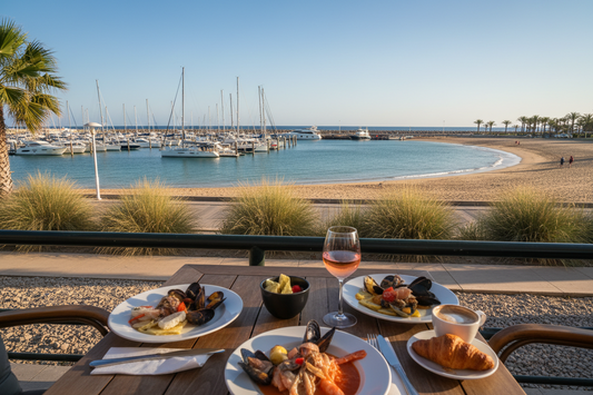 Outdoor café table with food and drinks overlooking a sandy beach and a marina filled with sailboats.