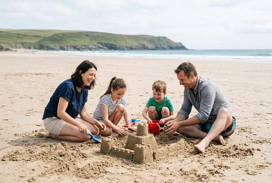 Two adults and two children building a sandcastle together on a broad sandy beach, with the ocean and a green headland in the distance.