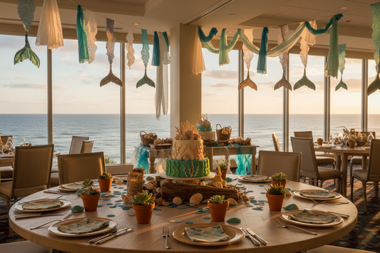 Mermaid-themed birthday table with a tiered cake, teal decorations, and hanging tail shapes in a room overlooking the ocean.
