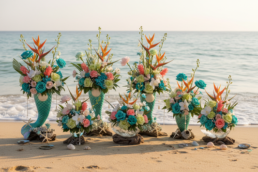 making mermaids theme flower arrangements for a beach birthday party