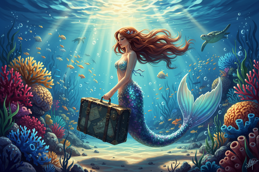 Fantasy illustration of a red-haired mermaid carrying a suitcase underwater among colorful coral, fish, and a sea turtle.