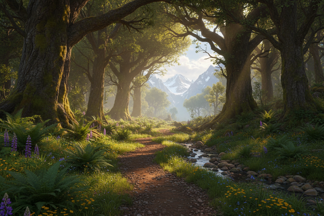 Woodland path beside a rocky stream, framed by tall trees and ferns with mountains in the distance.