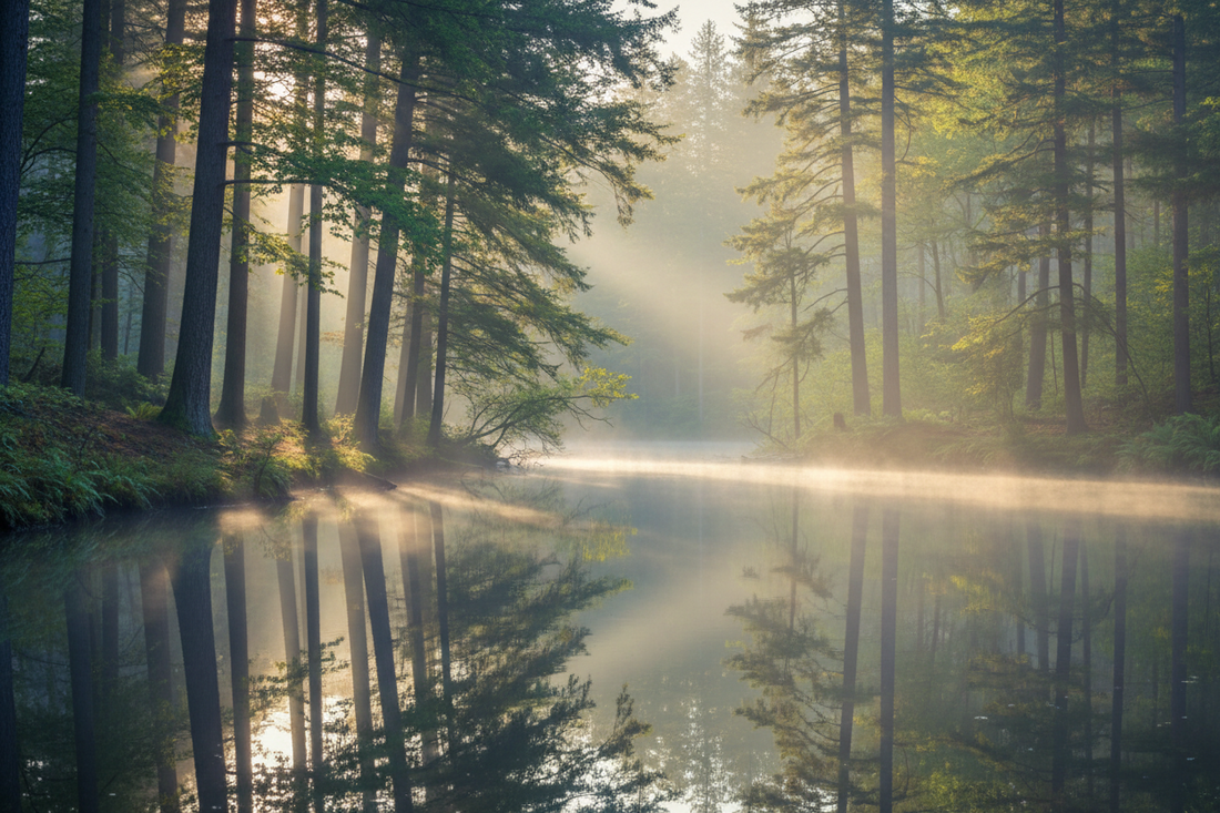 Sunlight filters through tall forest trees reflected in still water, with mist above the surface.
