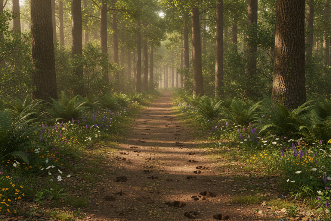 Sunlight falls across a woodland path lined with ferns, flowers, and tall trees, with animal tracks in the dirt.