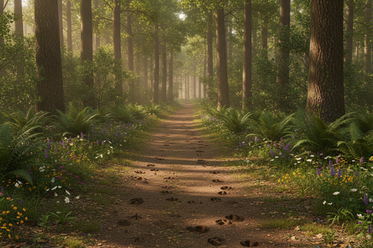 Sunlight falls across a woodland path lined with ferns, flowers, and tall trees, with animal tracks in the dirt.