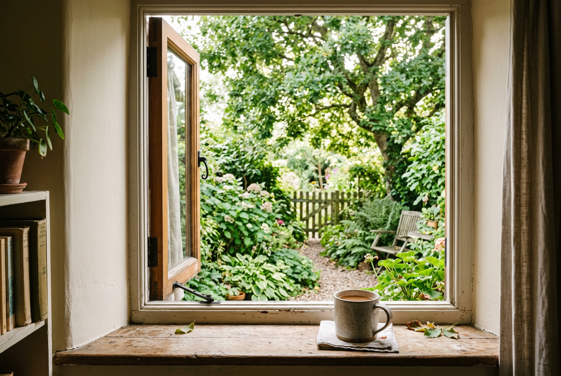 Ceramic mug on a wooden windowsill beside an open window overlooking a leafy garden with a tree, bench, and small wooden gate.