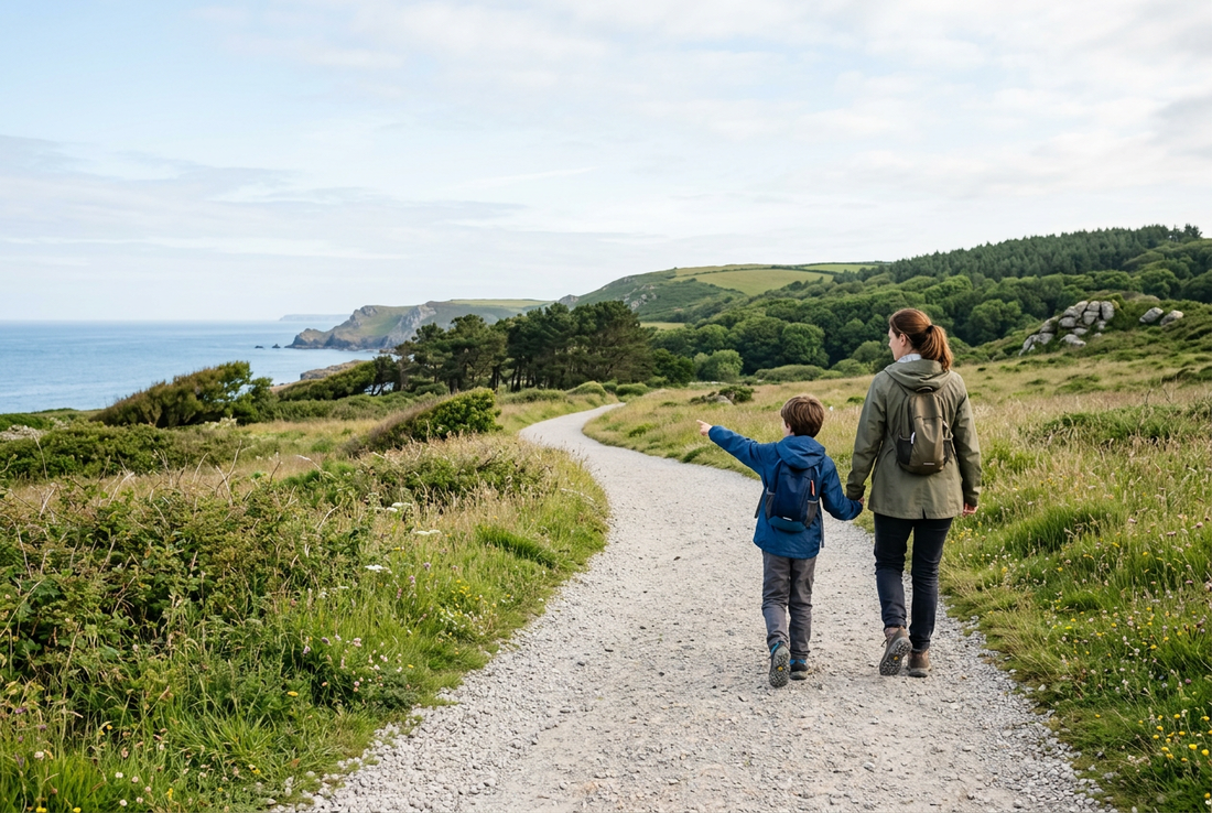 An adult and child holding hands on a broad gravel path through coastal grasses, with the child pointing toward the landscape and the ocean beyond.