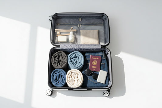Open suitcase with rolled clothing, jeans, a passport, sunglasses, and a clear toiletry pouch.