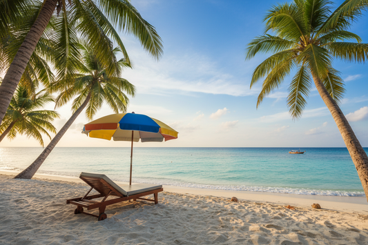 Beach lounge chair beneath a colorful umbrella, framed by palm trees beside calm turquoise water.
