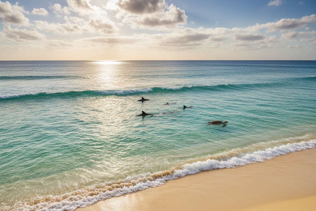 Marine wildlife visible in turquoise water near a sandy shoreline beneath a softly lit, cloudy sky.