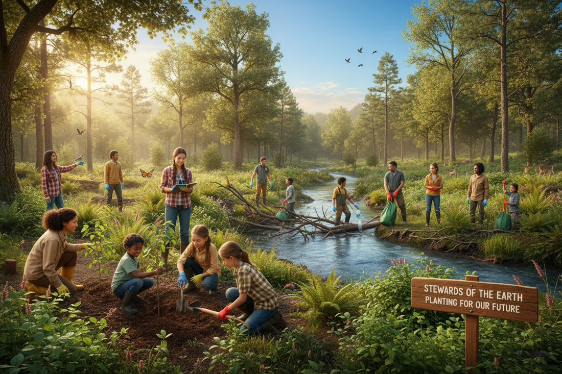 Illustration of adults and children planting and caring for a wooded area beside a stream.