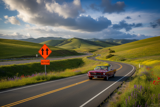 Red convertible on a winding road through green hills beside an orange detour sign under a cloudy sky.