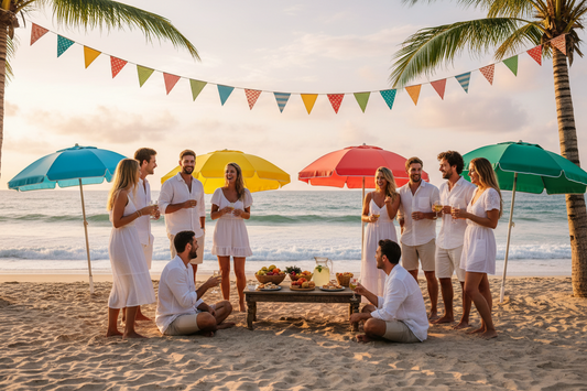 Friends gathered around a low picnic table on a beach beneath colorful umbrellas and bunting, with the ocean behind them.