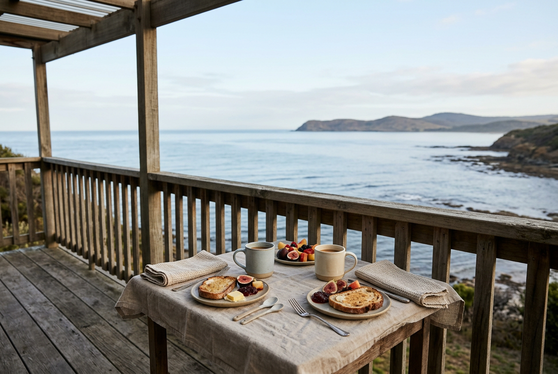 Breakfast for two with mugs, toast, fruit, and folded napkins on a covered wooden terrace overlooking an ocean bay and distant headland.