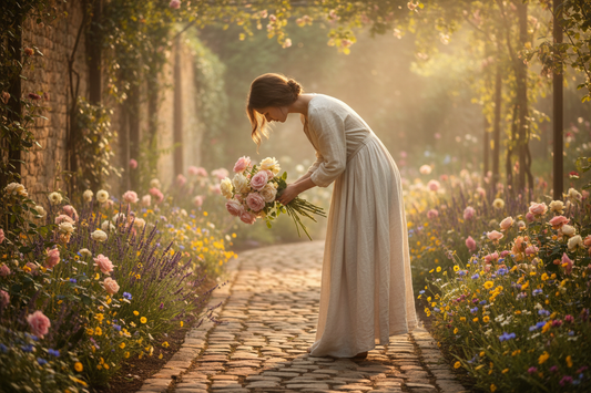 Woman in a light-colored dress holding flowers on a sunlit garden path bordered by colorful blooms.