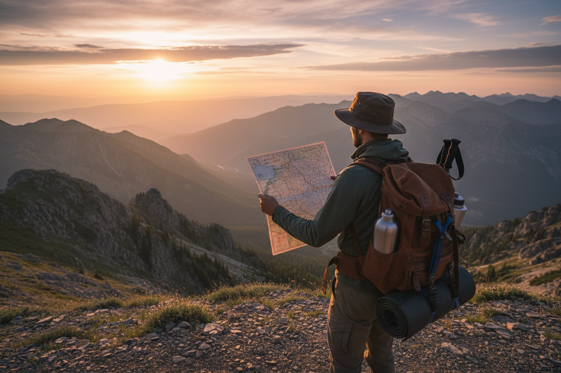 Hiker wearing a hat and backpack holds a paper map while overlooking mountains in warm low sunlight.