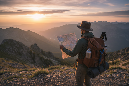 Hiker wearing a hat and backpack holds a paper map while overlooking mountains in warm low sunlight.