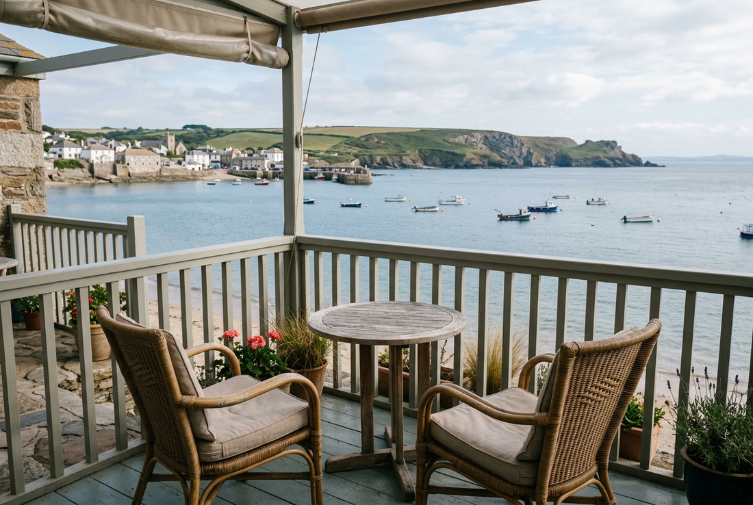Two empty woven chairs and a small wooden table on a covered terrace overlooking boats in a bay, a coastal village, and green headlands.