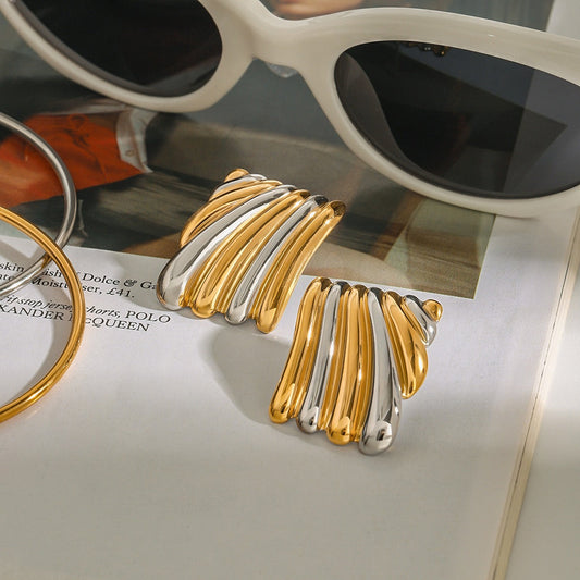 18K gold geometric shape with gold and silver color matching design classic personality earrings