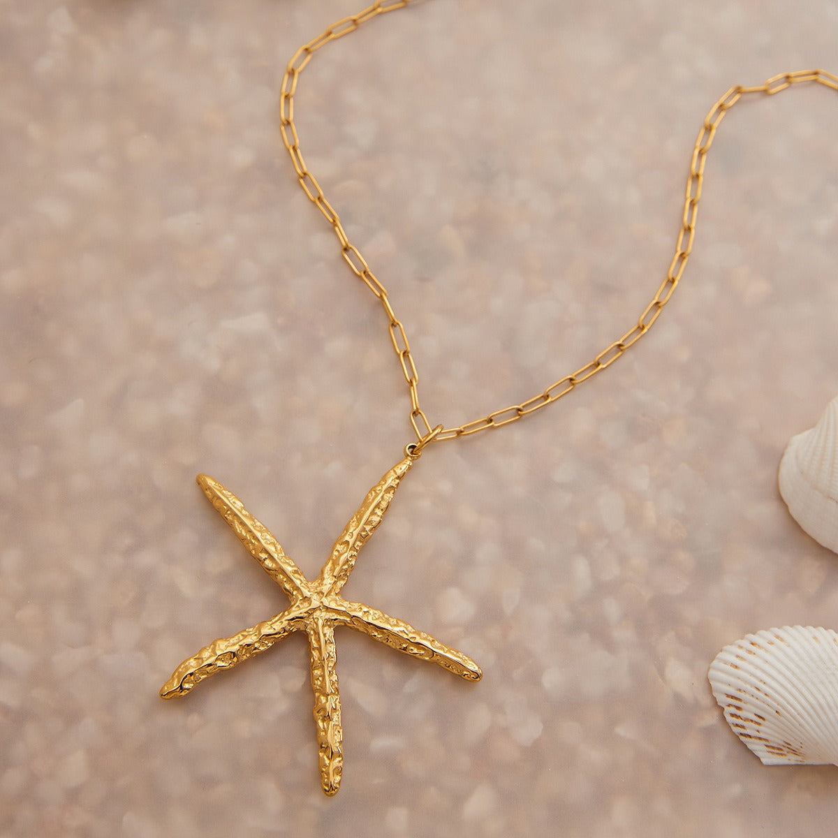 18K Gold Starfish Shape Textured Beach Style Necklace