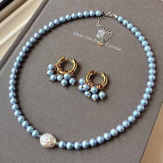 Freshwater Pearl Set: Iridescent Blue Pearl Necklace, Bracelet, and Hoop Earrings