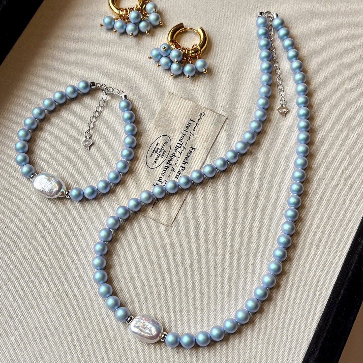 Freshwater Pearl Set: Iridescent Blue Pearl Necklace, Bracelet, and Hoop Earrings