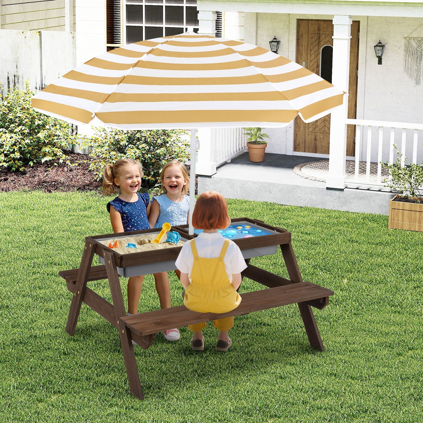 3-in-1 Kids Outdoor Picnic Water Sand Table with Removable Umbrella and Boxes-Coffee GBruno Store