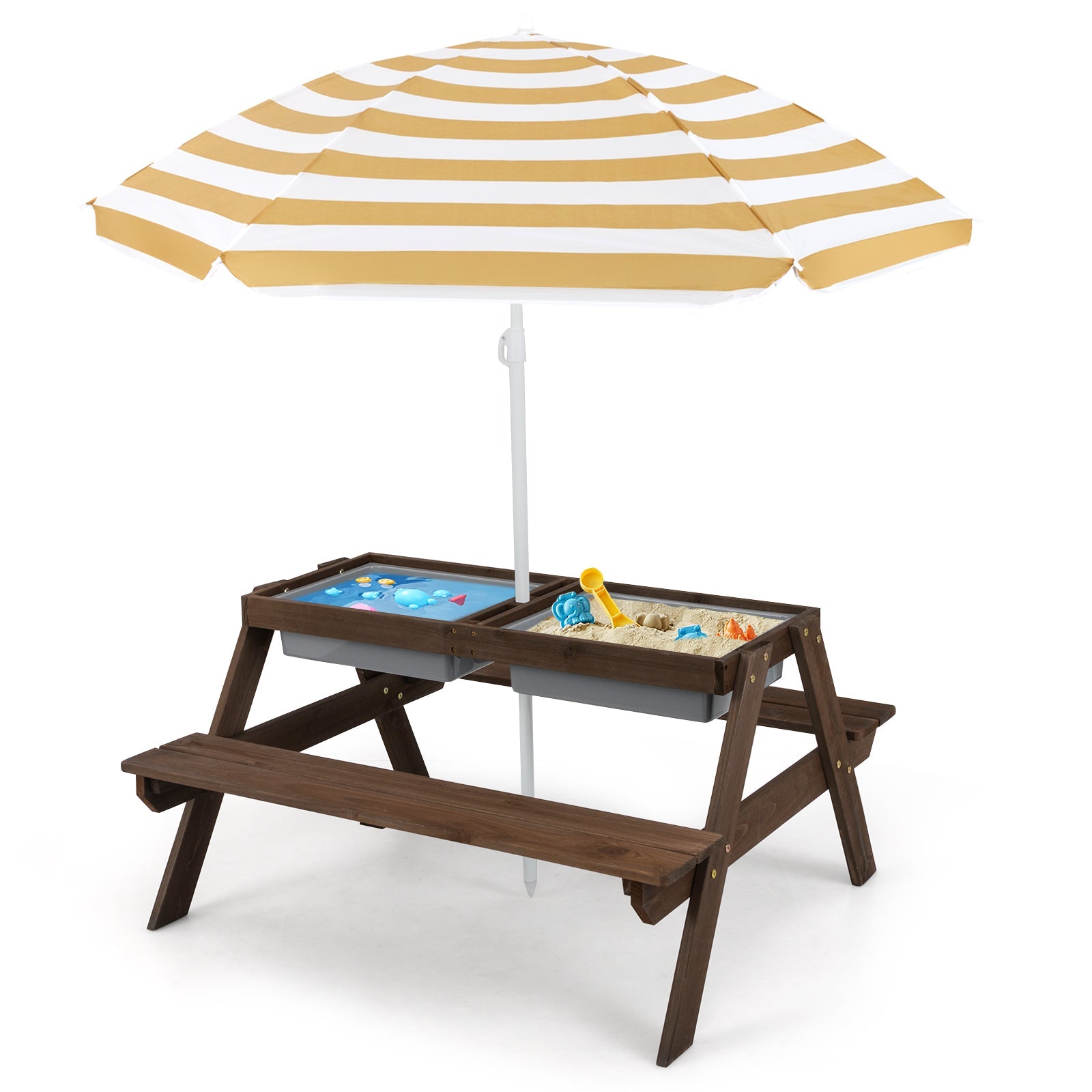 3-in-1 Kids Outdoor Picnic Water Sand Table with Removable Umbrella and Boxes-Coffee GBruno Store