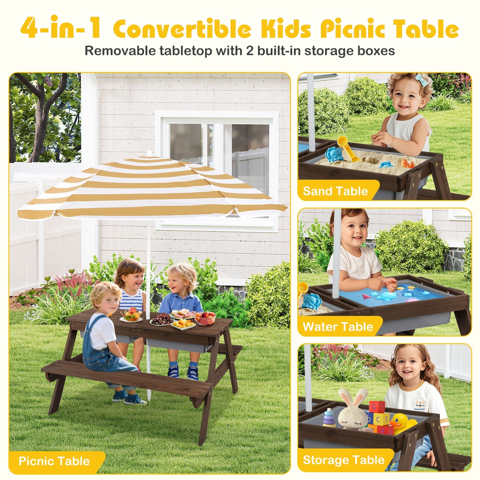 3-in-1 Kids Outdoor Picnic Water Sand Table with Removable Umbrella and Boxes-Coffee GBruno Store