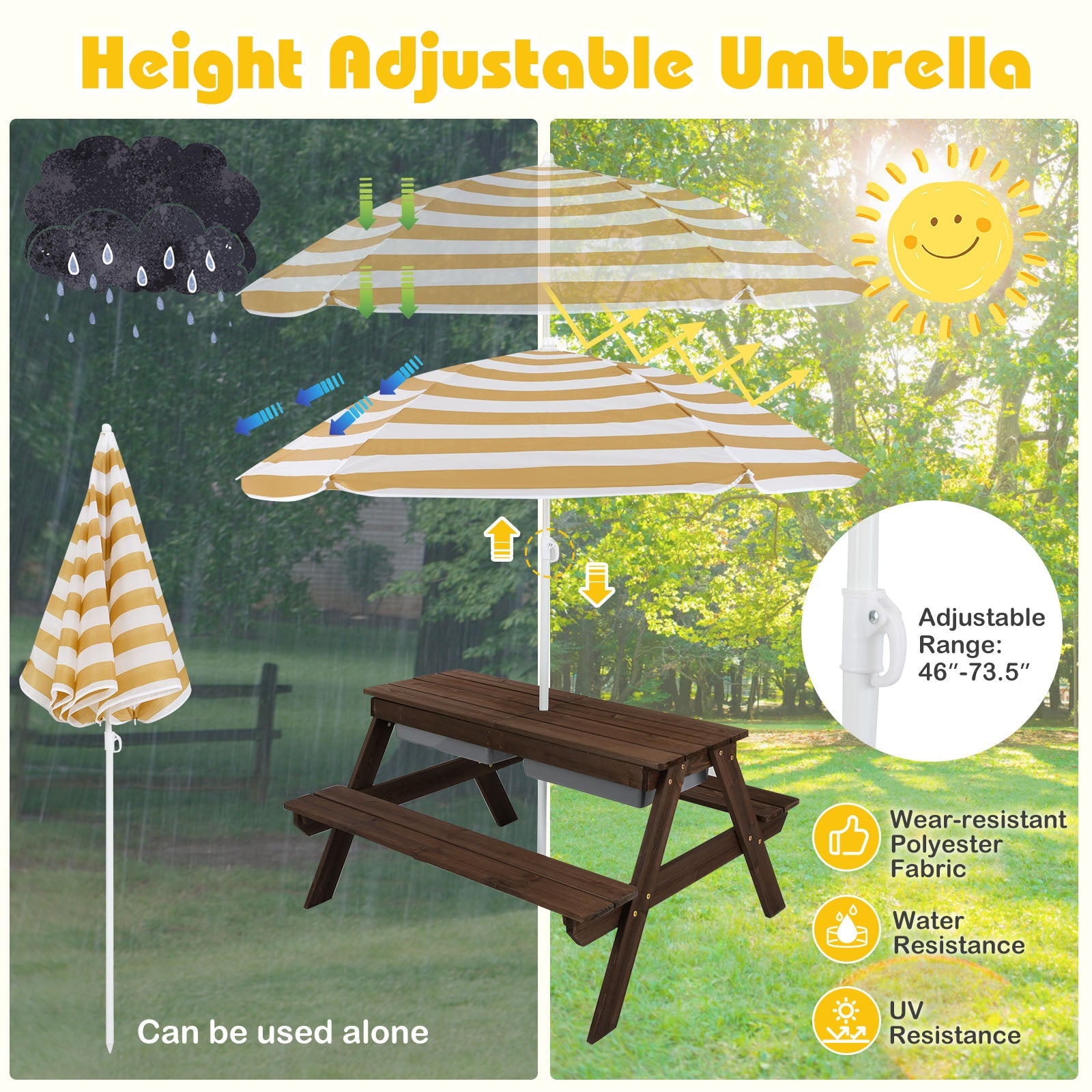 3-in-1 Kids Outdoor Picnic Water Sand Table with Removable Umbrella and Boxes-Coffee GBruno Store