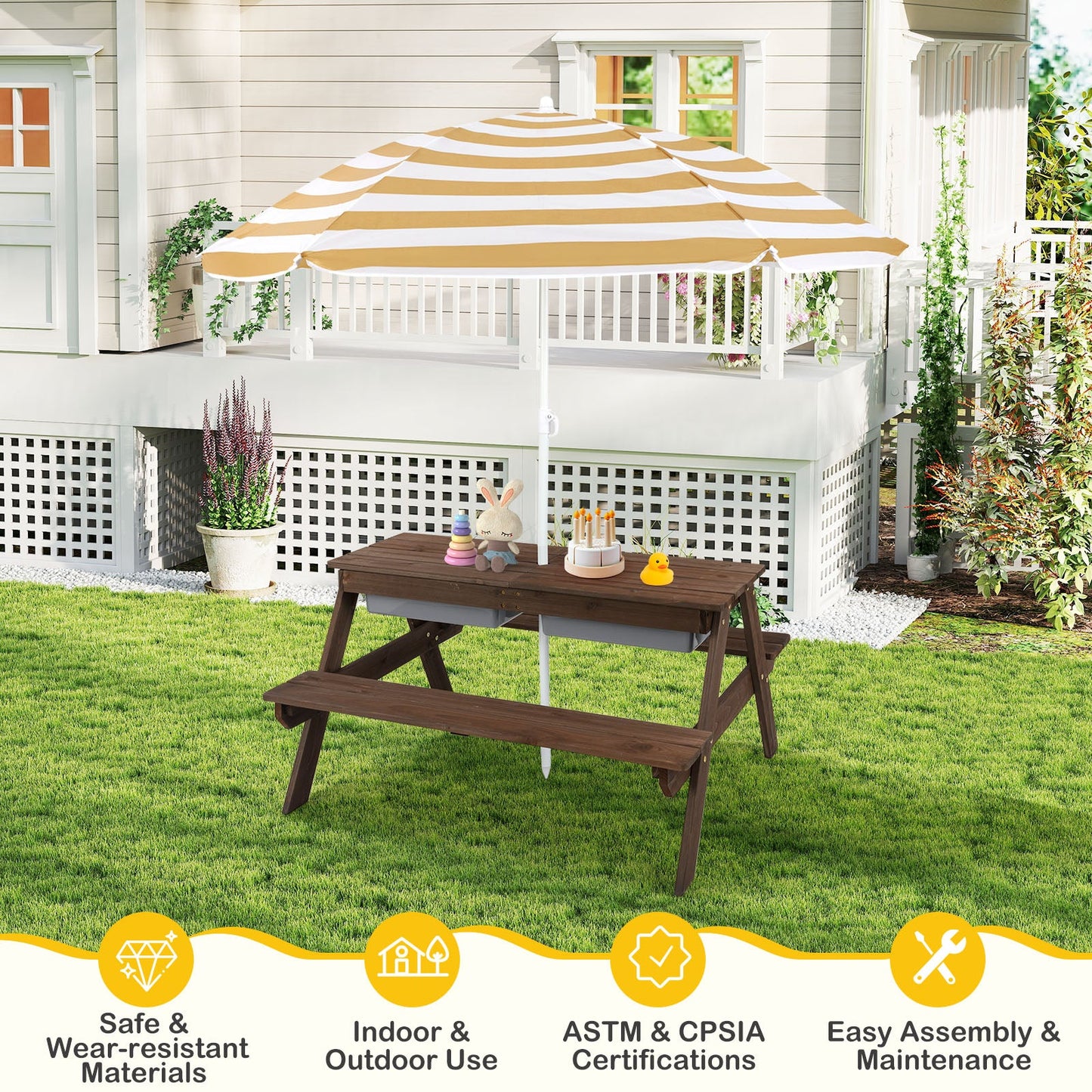 3-in-1 Kids Outdoor Picnic Water Sand Table with Removable Umbrella and Boxes-Coffee GBruno Store