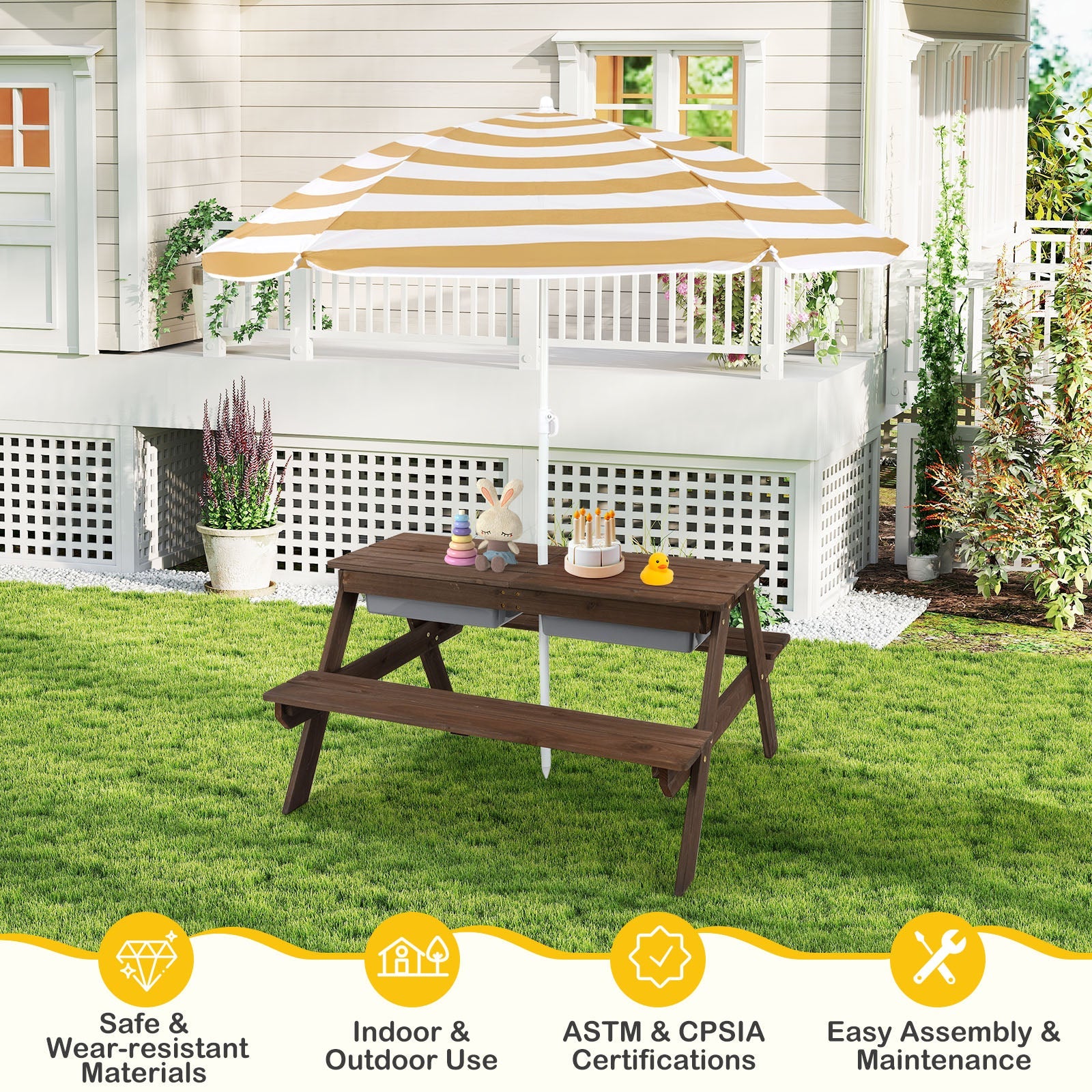 3-in-1 Kids Outdoor Picnic Water Sand Table with Removable Umbrella and Boxes-Coffee GBruno Store