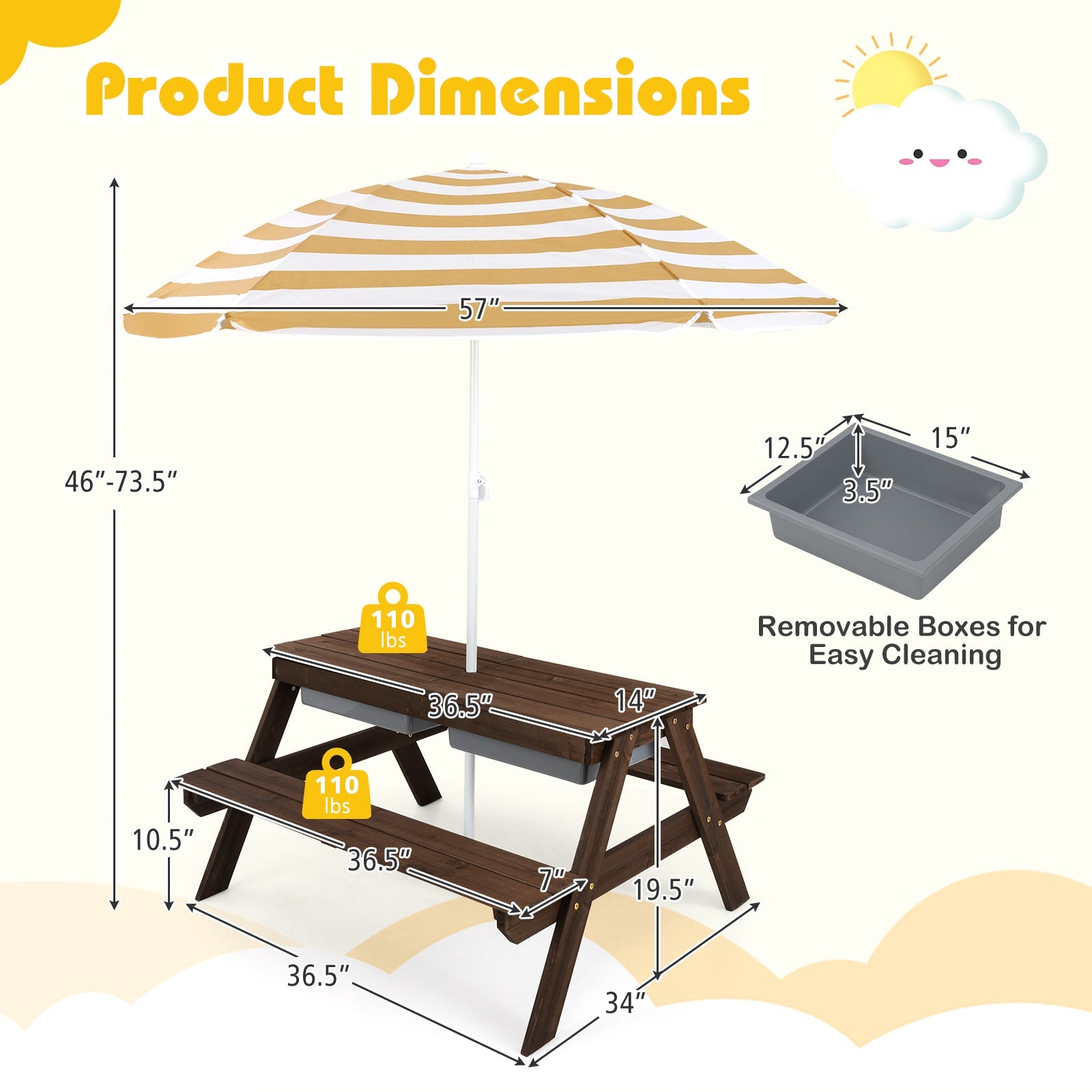 3-in-1 Kids Outdoor Picnic Water Sand Table with Removable Umbrella and Boxes-Coffee GBruno Store