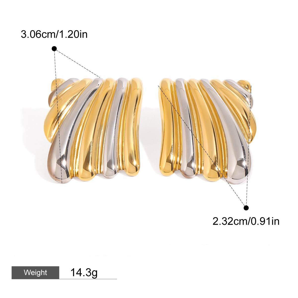 18K gold geometric shape with gold and silver color matching design classic personality earrings