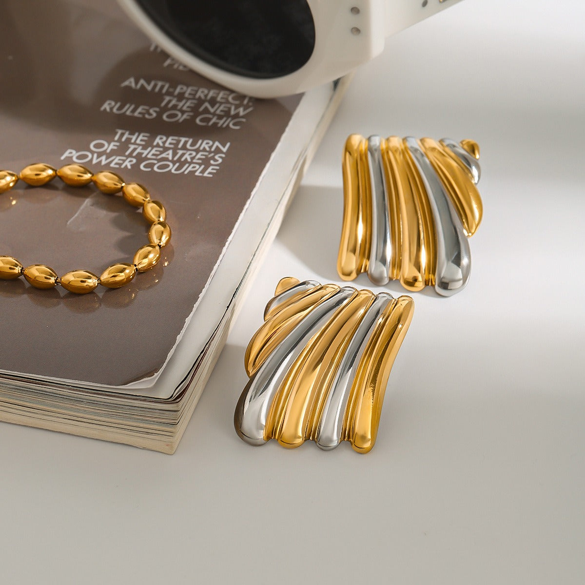 18K gold geometric shape with gold and silver color matching design classic personality earrings