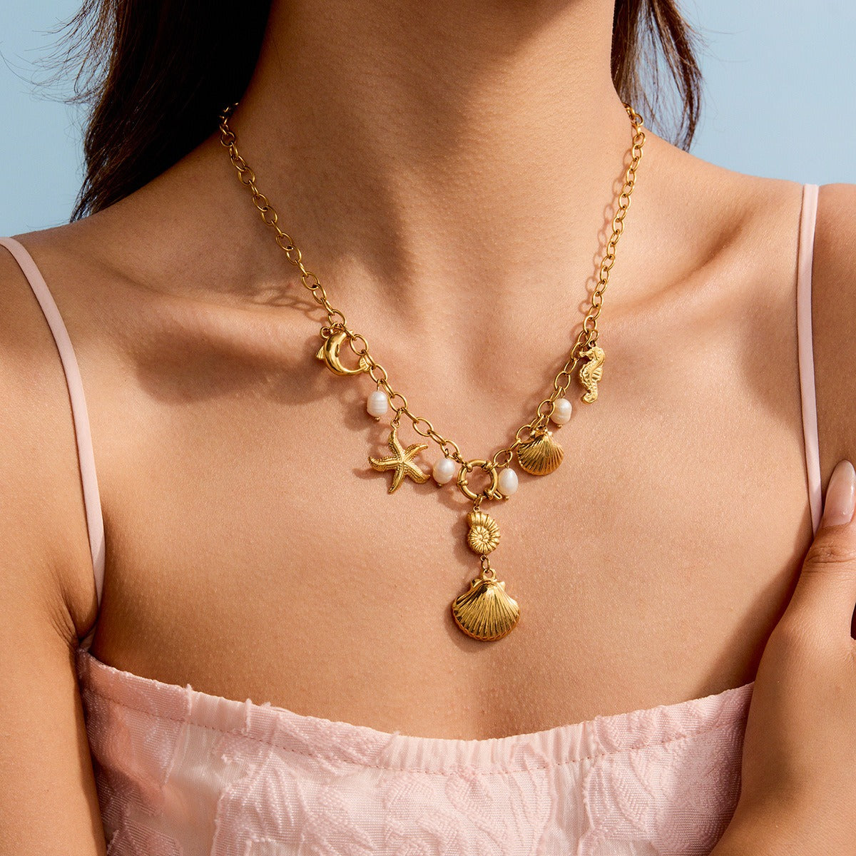 18K gold ocean element with texture design exquisite fashion necklace
