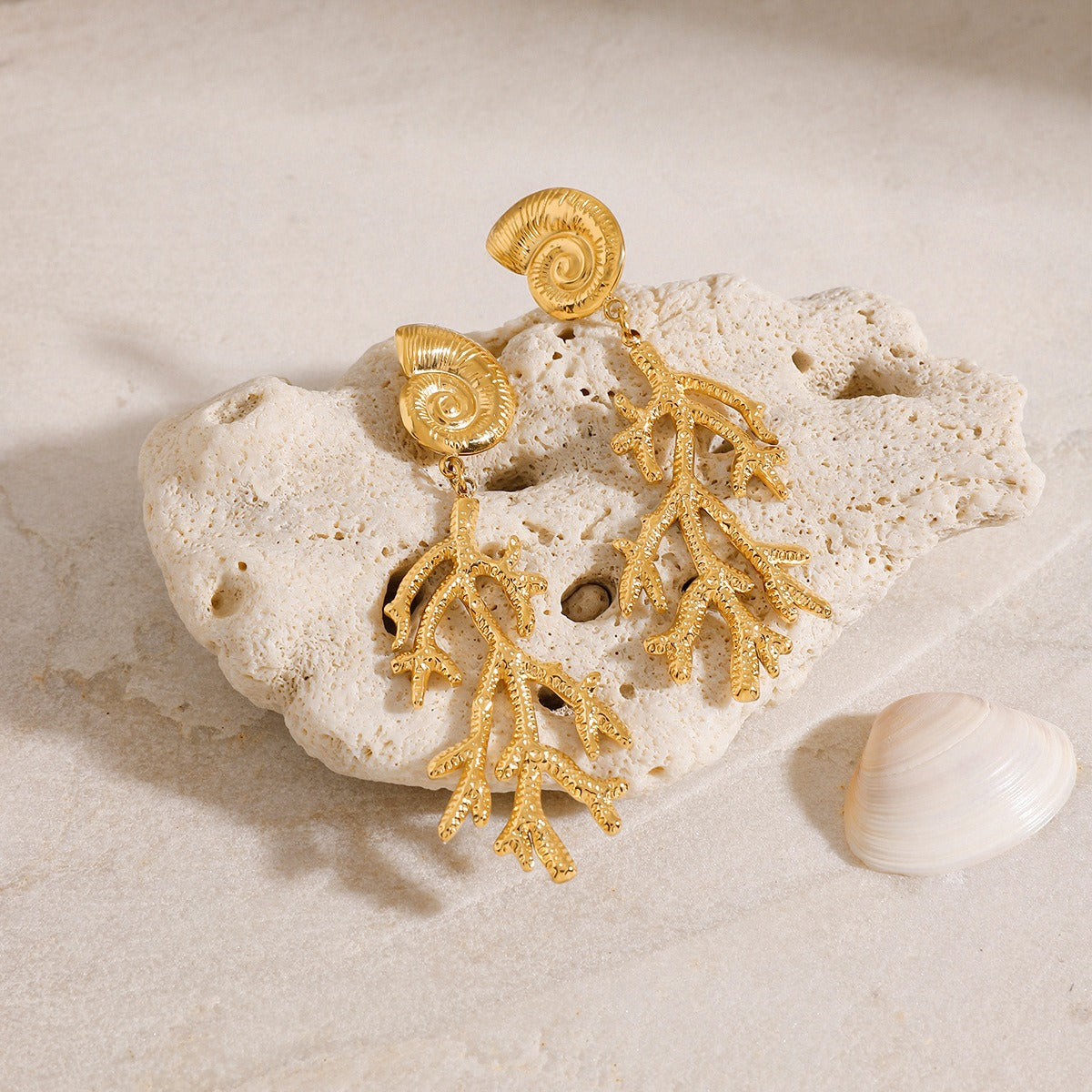 18K gold conch shell with coral design unique and noble earrings