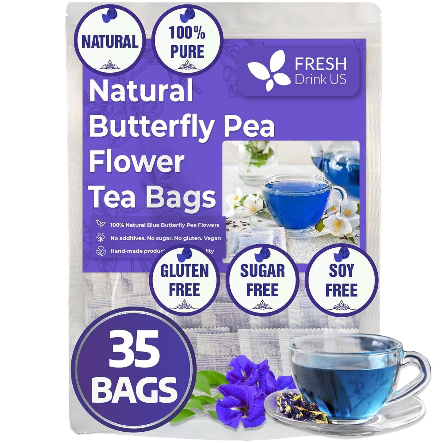 Premium Butterfly Pea Flowers, Tea Bags, 100% Natural and Pure from Butterfly Pea Flowers, Hand-made, Made With Natural Materials-Corn Fiber Tea Bag, Sugar/Caffeine/Gluten Free